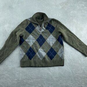 J.Crew Mens L Lambswool Argyle 1/4 Zip Sweater Olive & Navy Diamond Pattern 3618